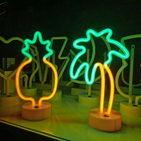 LED Neon Light Sign Coconut Tree Pineapple Shape Dual Color Atmosphere Desktop Lamp Battery USB Powered Night Light Decor
