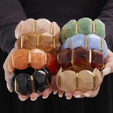 Fashion Women Stretch Bracelet Stainless Steel Resin Marble Texture Wide Bangle Geometric Faceted Retro Jewelry Accessory