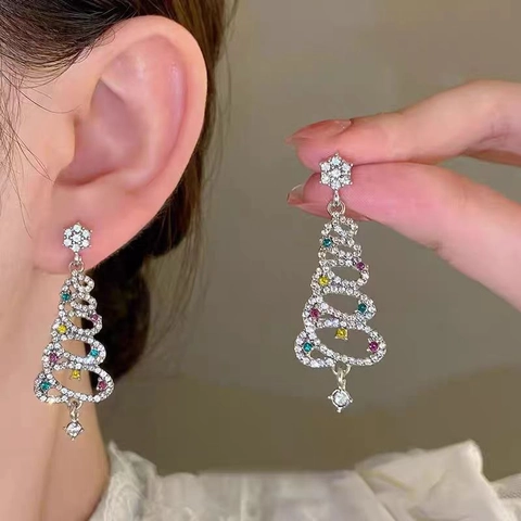 Asymmetric Christmas Tree Dangle Earrings With 925 Sterling Silver Earring Post Alloy Colorful Zircon Inlaid Festive Women