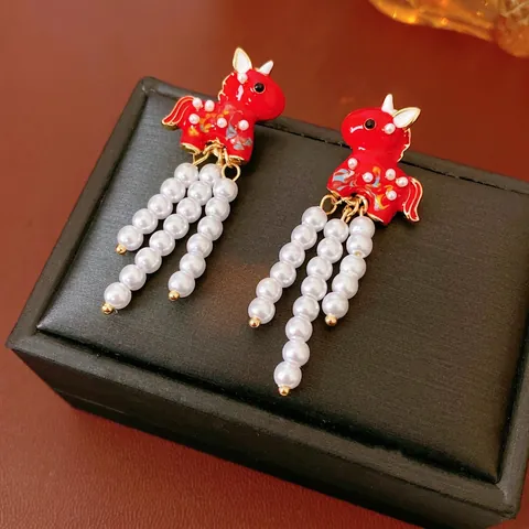 Vintage Red Enamel Horse Tassel Earrings With Faux Artificial Pearl And Silver Earring Post For Women Ethnic Style Jewelry
