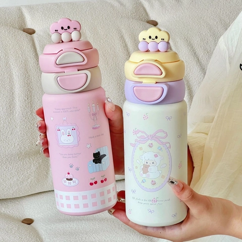 316 Stainless Steel Insulated Water Bottle With Straw Portable Strap Cute Cartoon Vacuum Thermos For Kids Students Girls