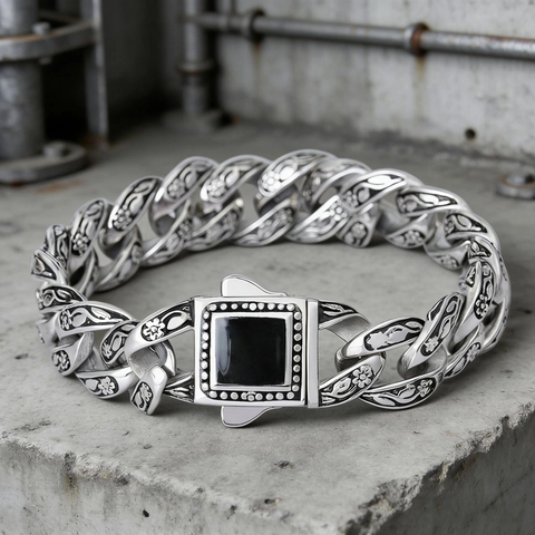Men Vintage Cuban Chain Bracelet Titanium Steel Engraved Floral Pattern Black Stone Punk Gothic Hip Hop Jewelry