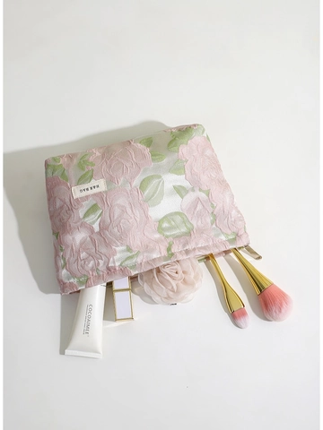 Floral Jacquard Makeup Bag Cotton Rose Pattern Cosmetic Pouch Travel Toiletry Organizer With Canvas Lining Women