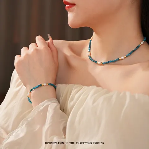 Collier Et Bracelet En Pierre Naturelle Perle D'eau Douce Acier Inoxydable Plaqué Or Perlé Bleu Vintage Élégant Femmes