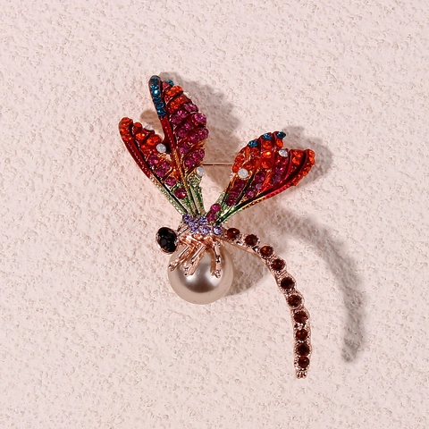 Elegant Dragonfly Brooch For Women Alloy Inlaid Multi-Color Rhinestones And Large Faux Artificial Pearl Fashion Insect Pin