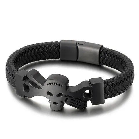 Herren Armband Geflochtenes Rindsleder Edelstahl Totenkopf Punk Rock Biker Magnetverschluss Gothic