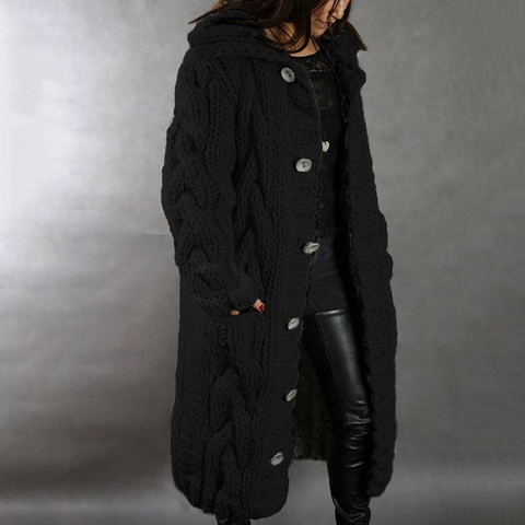 Women's Loose Extra Long Hooded Cable Knit Cardigan Sweater Cotton Plus Size Button Down Outerwear Casual Solid Color Coat