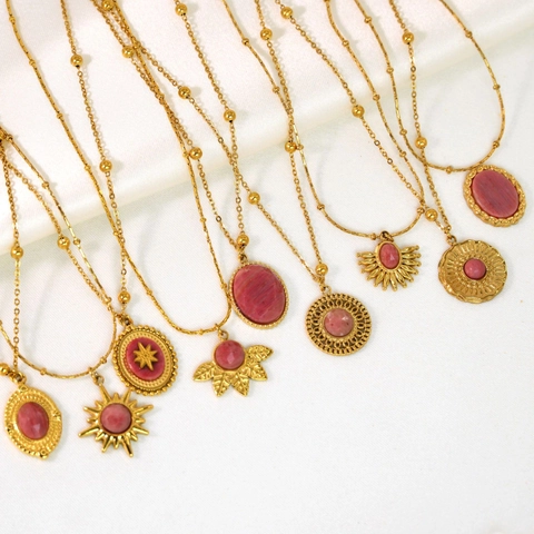 Collar de Pendentif de Acero de Titanio Vintage Francés Piedra Natural Rosa Bohemio Sol Estrella Joyería Geométrica Chapada en Oro para Mujer