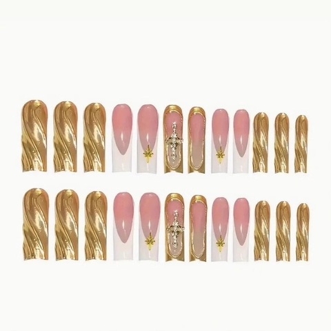 Uñas Postizas Largas Coffin Press On Diseño Francés Blanco Dorado Metalizado Con Cruz De Brillantes Estilo Gótico De Lujo Para Mujeres