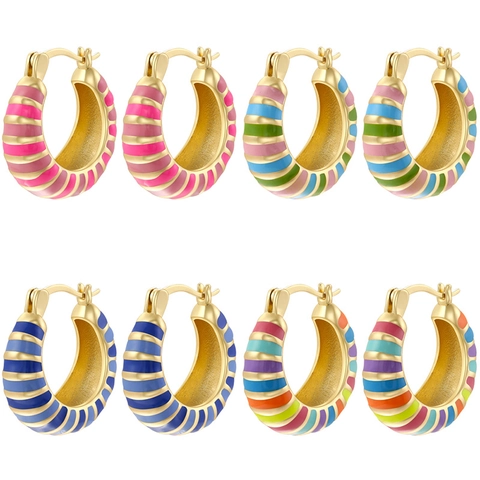 Multicolor Striped Enamel U-Shaped Hoop Earrings For Women Gold Plated Copper Drip Oil Geometric Huggie Earrings Sweet Jewelry