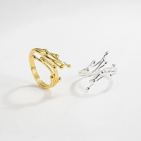 925 Sterling Silver Branch Open Ring For Women Minimalist 18K Gold Plated Adjustable Liquid Metal Geometric Finger Ring