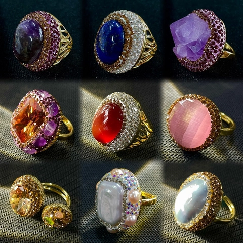 Vintage Cocktail Ring Copper Natural Gemstone Amethyst Adjustable Pave Rhinestone Bohemian For Women