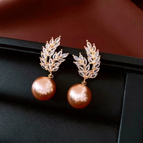 Wheat Ear Artificial Pearl Pendant Earrings 18K Gold Plated Copper Cubic Zirconia Leaf Vintage Jewelry With Silver Earring Post Women