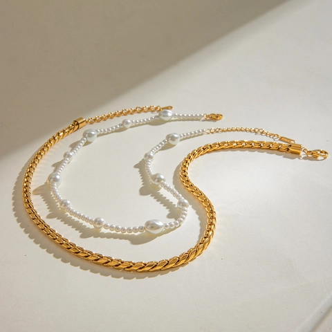 Layered Necklace Stainless Steel Faux Artificial Baroque Pearl Gold Chain Waterproof Hypoallergenic Fashion Jewelry For Women