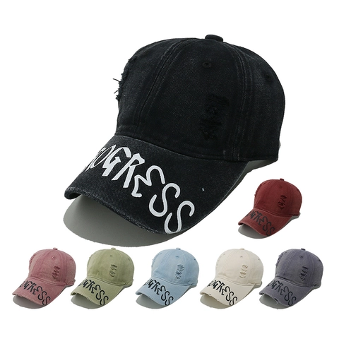 Cappello Da Baseball In Cotone Lavato Distressed Cappello Vintage Buchi Stampa Lettere PROGRESS Retro Streetwear Unisex