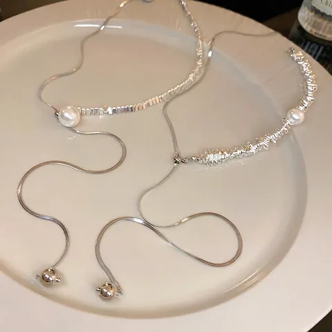 Collar Lariat En Y De Perla Artificial De Imitación Aleación Borla Geométrica Cadena De Serpiente Ajustable Joyería