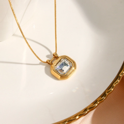 Pendant Necklace Vintage Square Zircon 18K Gold Plated Stainless Steel Snake Chain Elegant Jewelry For Women