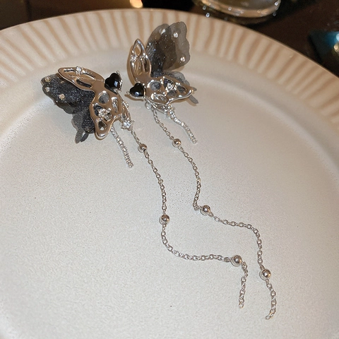 Boucles D'oreilles Papillon Longues À Franges Alliage Strass Gaze Avec Tige En Argent Sterling 925 Gothique Pour Femmes