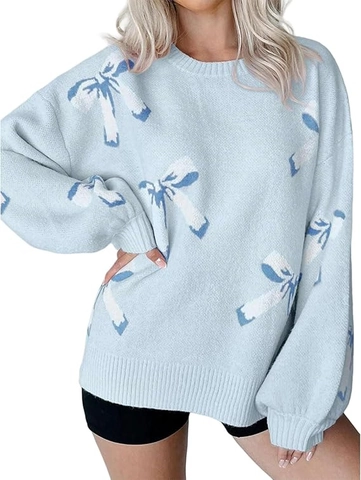 Strickpullover Damen Schleifenmuster Langarm Rundhals Lässig Locker Weich Warm Herbst Winter Oberteile