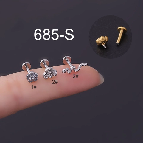 Roestvrijstalen Labret Studs Interne Schroefdraad Bloem Bij Slang Vormen Flat Back Piercing Sieraden