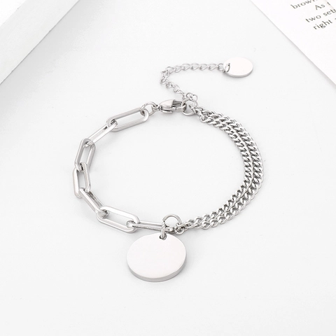 Stainless Steel Double Layer Bracelet Paperclip Curb Chain Round Disc Pendant Polished Minimalist Jewelry For Men Women