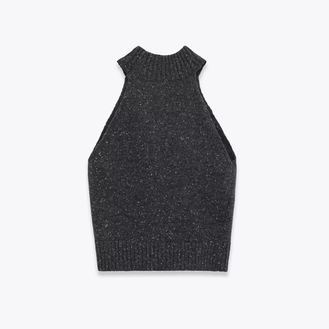 Knit Halter Top High Neck Sleeveless Ribbed Slim Fit Heather Grey Crop Tank Chic Minimalist Women Summer Apparel