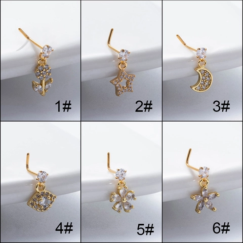 L Shaped Nose Stud Stainless Steel Bar With Copper Cubic Zirconia Flower Moon Star Dangle Piercing Jewelry For Women