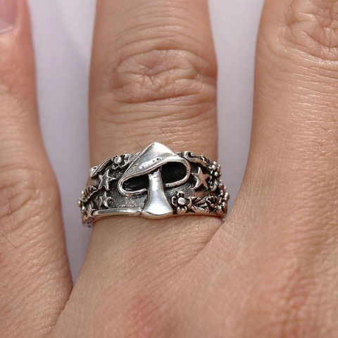 Vintage Mushroom Star Leaf Ring Antique Silver Zinc Alloy Gothic Punk Forest Style Finger Jewelry For Women