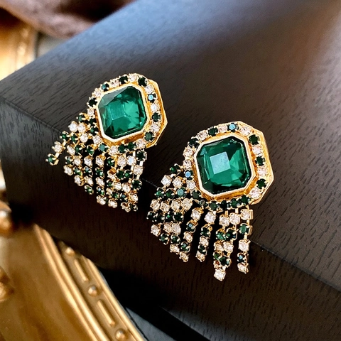 Emerald Green Crystal Tassel Drop Earrings With 925 Sterling Silver Earring Post Vintage Luxury Rhinestone Women Jewelry
