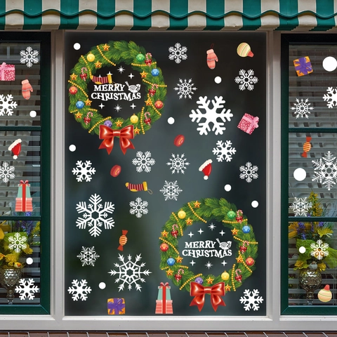 Christmas Window Stickers Static Cling PVC Reusable Wreath Snowflake Decals For Glass Door Home Party Decor