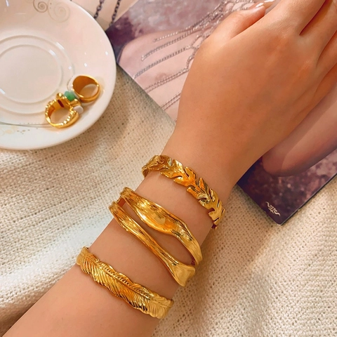 Stainless Steel Cuff Bracelet Gold Plated Retro Adjustable Open Bangle Fashion Jewelry For Women