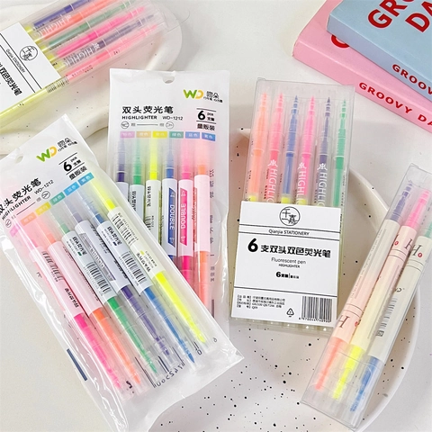 Double Ended Highlighter Markers Plastic Broad Fine Tips Fluorescent Candy Colors Student Office Stationery