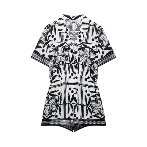 Damen Romper Schwarz Weiß Print Kurzarm Knopf Vorne Elastische Taille Casual Sommer Playsuit Mode Elegant