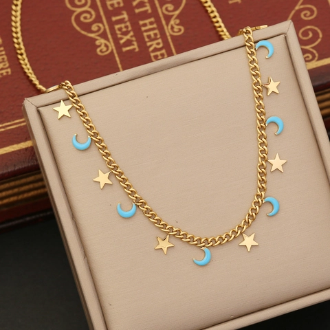 Collier Pendentif Étoile Lune Acier Inoxydable Chaîne Dorée Charmes Émail Bleu Bijoux Mode Pour Femmes Style Doux