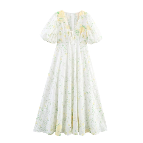 Vestito Lungo Floreale Da Donna Ricamo Scollo A V Maniche A Sbuffo Vita Alta Elegante Bianco Estivo