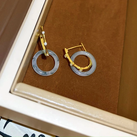 Orecchini Pendenti In Stile Cinese Vintage Con Design A Bambù Rame Placcato Oro Zircone E Cerchio In Resina Per Donna