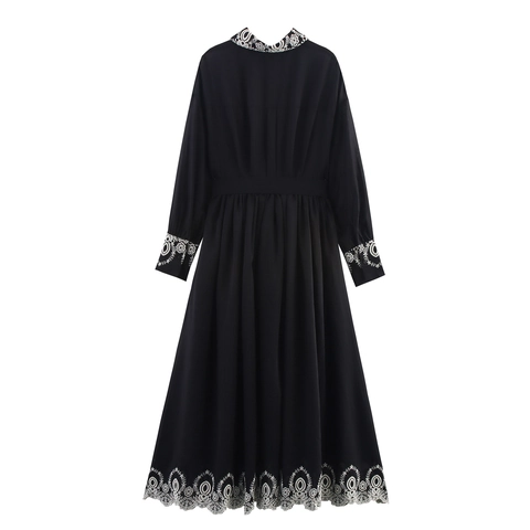 Elegante Geborduurde Maxi Jurk Met Lange Mouwen Polyester Overhemdstijl Met Riem Gouden Gesp Vintage