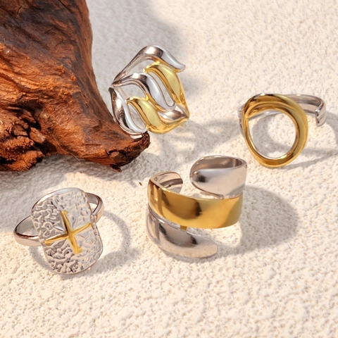 Zwei Ton Edelstahl Verstellbare Offene Ringe Geometrisch Gewellt Gehämmert Kreuz Stern Minimalistischer Stil Für Frauen