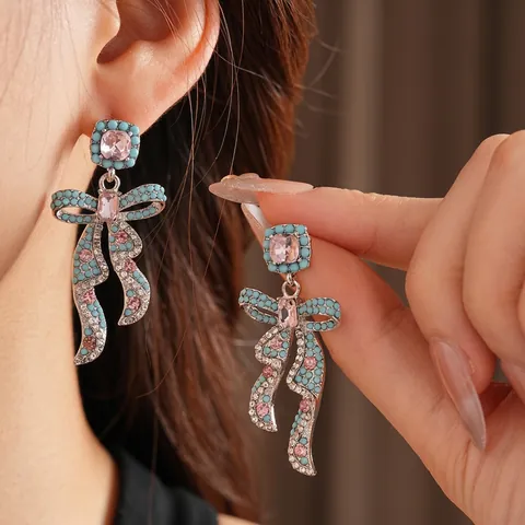 Vintage Bowknot Drop Earrings With 925 Sterling Silver Earring Post Alloy Rhinestone Elegant Luxury Pink Blue Jewelry