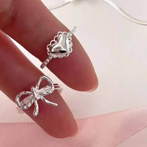 S925 Sterling Silver Lace Heart Open Adjustable Ring For Women Sweet Minimalist Bead Edge Silver Finger Ring Jewelry