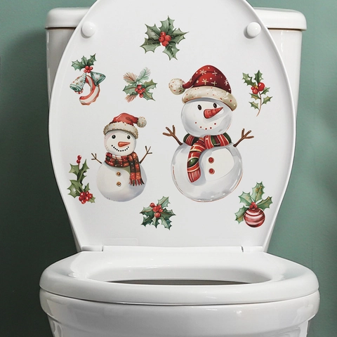 Adesivo Per WC Con Pupazzo Di Neve Di Natale Decalcomania In PVC Rimovibile Per Bagno Decorazione Per Casa Di Vacanza Motivo Foglie Di Agrifoglio Campanelli