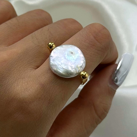 Vintage Vergoldet Edelstahl Offener Ring Für Damen Künstliche Barockperle Knopf Design Eleganter Verstellbarer Fingerring Schmuck