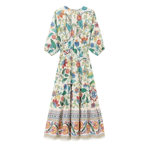 Floral Print Maxi Dress V Neck Hollow Out Waist Twist Detail Bohemian Summer Casual Long Dress For Women