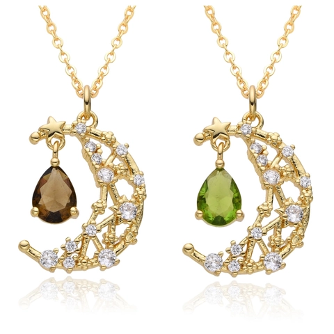 Collier Pendentif Étoile Lune en Cuivre avec Strass Micro-Incrustés Chaîne de Clavicule en Or avec Gemme en Goutte d'Eau Bijoux Cadeau pour Femme
