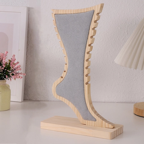 Necklace Display Stand Wood Foot Shaped Jewelry Organizer Rack With Velvet Surface Side Notches Countertop Showcase
