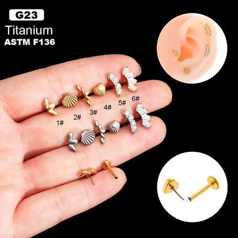 G23 Titanium Labret Ear Cartilage Stud Push In Heart Shell Cubic Zirconia Internally Threadless Piercing Jewelry