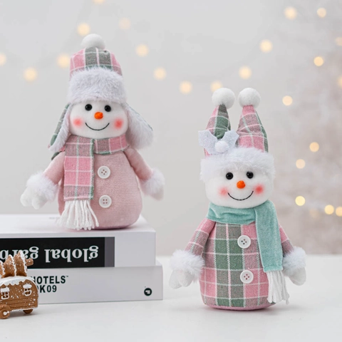 Christmas Snowman Plush Ornament Doll Toy Pink Green Plaid Knit Cloth Home Desktop Festive Decoration Cute Nordic Style