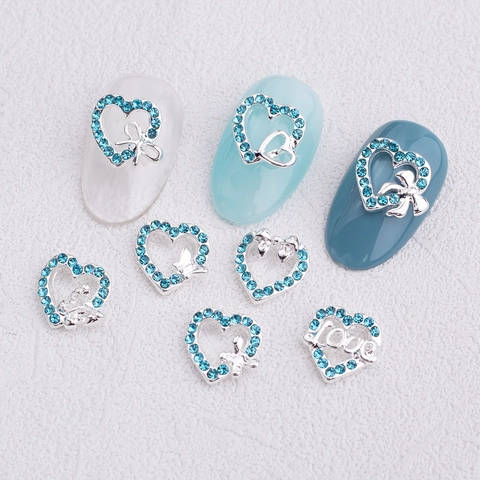 Decorazioni Per Nail Art A Cuore 3D Lega Strass Blu Chiaro Fiocco Amore Lettera Design Per Accessori Manicure Fai Da Te Eleganti