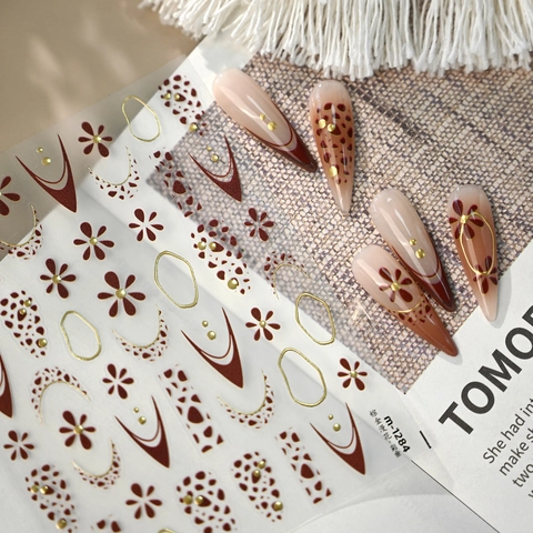 Retro Brown Gold Floral Nail Art Stickers Leopard Spot Geometric Line Manicure Decals Self Adhesive DIY Decoration
