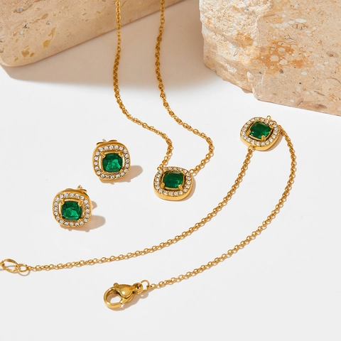 French Luxury Square Zircon Necklace Stud Earrings Bracelet Stainless Steel Geometric Halo Jewelry For Women Elegant Accessory